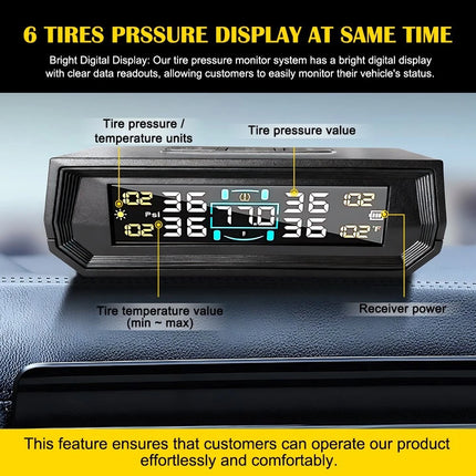 Tyre Pressure Monitor System TPMS Solar USB Car LCD Tire Alarm w/ 4 Sensors