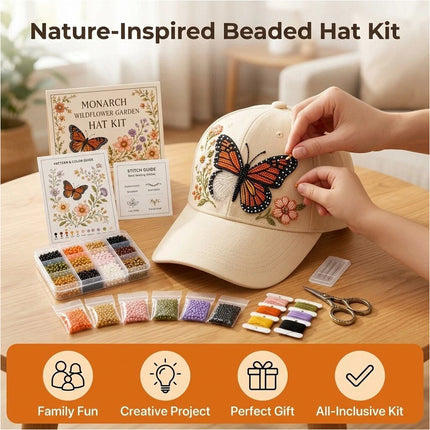 3D Beaded Orange Butterfly Hat DIY Kit Luxury Flocked Canvas Handmade Beadwork Gift Craft