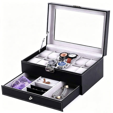 Double Layer Grids Watch Holder Box Carbon Storage Case Jewelry Display Organizer Gift