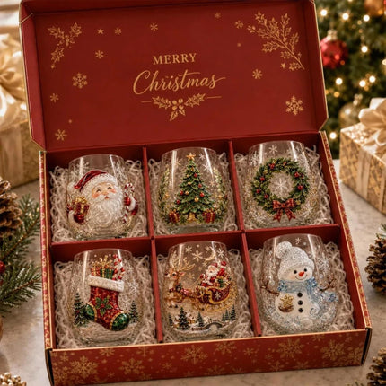 2D Christmas Glass Art Cup, Santa Snowman Reindeer Drinking Glasses Wine Glasses