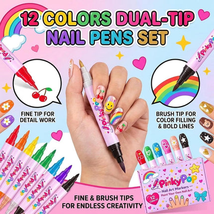Pinky Pop Nail Pens 12 Colors Dual-Tip Nail Polish Pens Set,Quick-Dry, No UV Lam