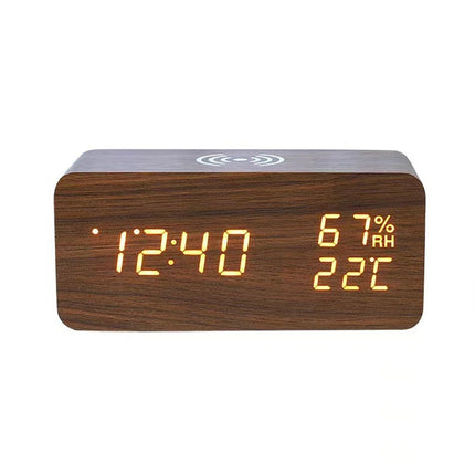 Bedside Digital Alarm Clock Indoor Temp Free Standing Wood USB & Batteries Recta