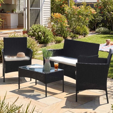 4-Piece Outdoor Patio Wicker Lounge Set Chair with Cushions & Glass Coffee Table