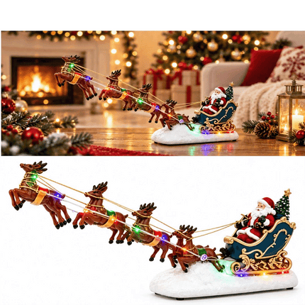 Christmas Santa Claus Sleigh Reindeer LED Light Resin Ornament Holiday Decor