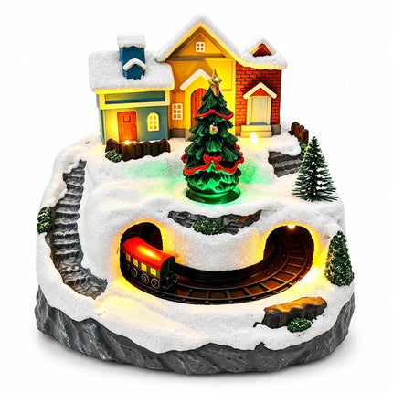 Resin Christmas Village House with Musical Light-Up Train & LED Lights
