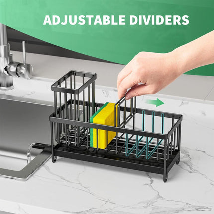 Black Metal Kitchen Sink Sponge Organizer Rack with Brush Holder