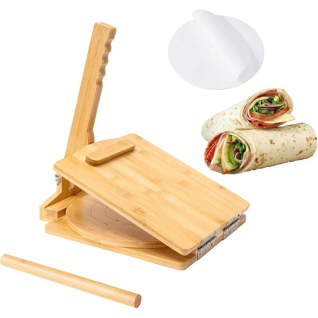 10 Inches Wooden Tortilla Press with Rolling Pin & 50 Pcs Parchment Paper