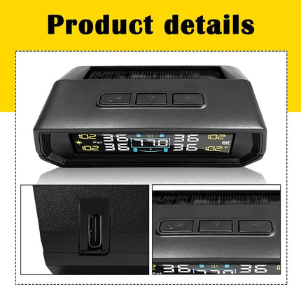 Tyre Pressure Monitor System TPMS Solar USB Car LCD Tire Alarm w/ 4 Sensors