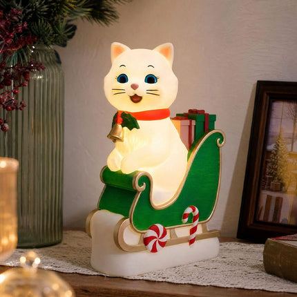 Christmas Cat in Sleigh Blow Mold Decoration 24" Lighted Festive Feline Kitty