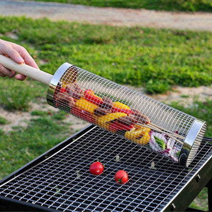 Rolling BBQ Grill Basket with Mesh Cage for Vegetables & Meat, Outdoor Barbecue Cylinder Net, Fits Most Grills