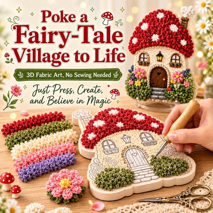 Whimsical Village 3D Fabric Poke Art Kit, Floral Mushroom Cottage Craft Set AU