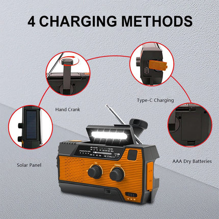 Emergency Wind Up Solar Radio Hand Crank Power Bank FMAM Charger Torch 4000mAh