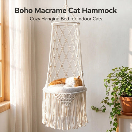 Macrame Hand Woven Hanging Pet Cat Hammock Swing Bed Nest Boho Hanging Basket