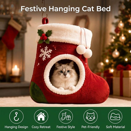Hanging Christmas Cat Bed with Faux Plush-Lining Festive Small Pet Medium Cave
