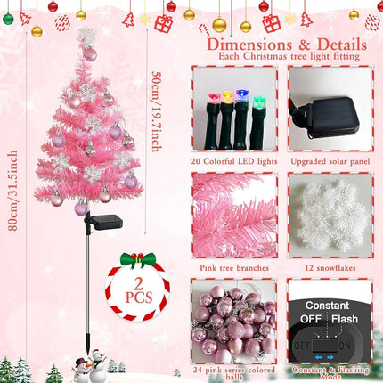 2PCS Pink Solar Christmas Tree Lights, Waterproof Solar Christmas Outdoor