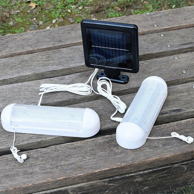 Solar Powered LED Double Lights Garage Shed Light Garden Indoor Bedroom Outdoor