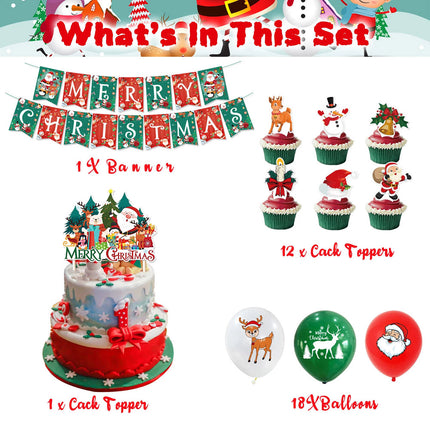 Merry Christmas Party Decoration Set, Banners, Cake & Cupcake Toppers, Balloons