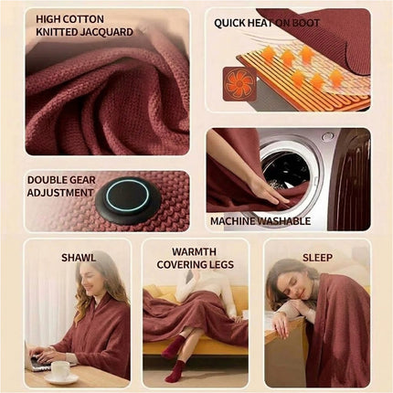 USB Electric Warming Throw Blanket Portable Poncho Shawl -Wine Red