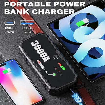 3000A Portable 12V Car Jump Starter Pack Booster Battery Charger Power Bank