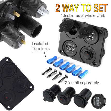 12V Switch Panel Car Cigarette Lighter Socket + Dual USB Port Charger +Voltmeter