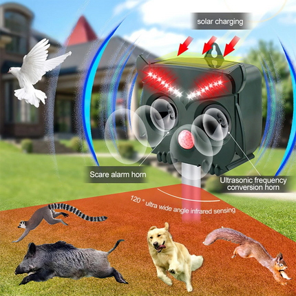 Solar Powered Ultrasonic Bird Repeller Outdoor Animal Deterrent Garden Device