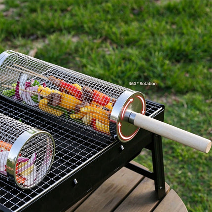 Rolling BBQ Grill Basket with Mesh Cage for Vegetables & Meat, Outdoor Barbecue Cylinder Net, Fits Most Grills