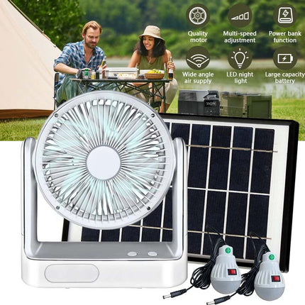 Solar Powered Cooling Fan Cooler Rechargeable Camping Fan with 2 Lights Bulbs