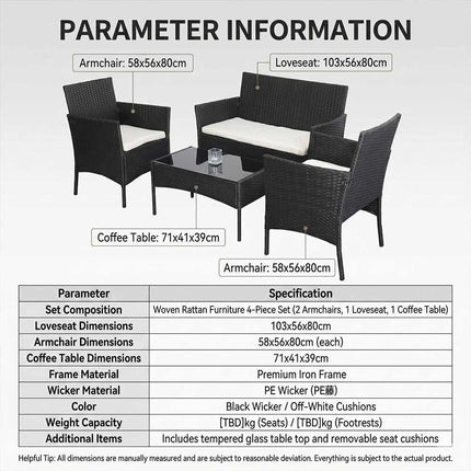 4-Piece Outdoor Patio Wicker Lounge Set Chair with Cushions & Glass Coffee Table