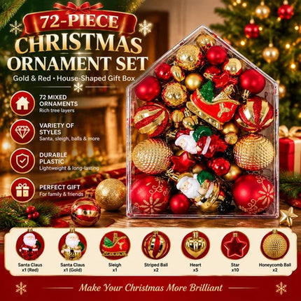 72-Piece Luxury Christmas Ornament Set - Gold and Red House-Shaped Gift Box