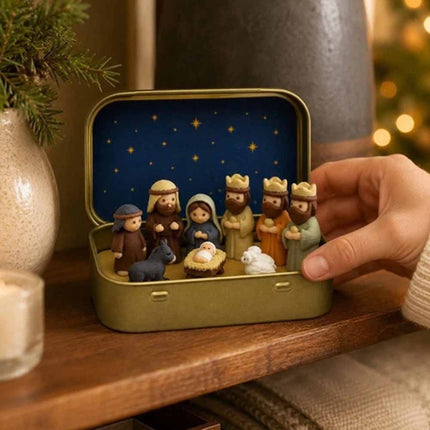 Mini Christmas Nativity Set in a Tin Box, Jesus Portable Pocket Scene Decor 3D