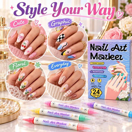 24 Colors Dual-Ended Nail Art Pens Set,24pcs Dual-Ended Pens