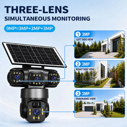 9MP 3-Lens Solar Security Camera Wireless CCTV PTZ Outdoor Surveillance
