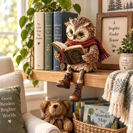 Reading Owl Resin Figurine Rustic Country Style Tabletop Ornament for Home Decor
