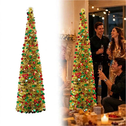 Foldable Christmas Tree Retractable Tinsel Tree Holiday Decor Gold and colors