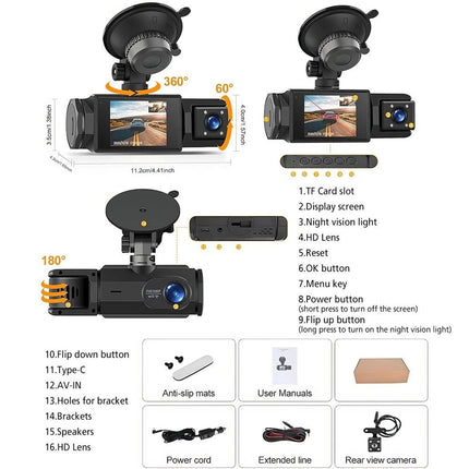 1080P 3 Channel Front Rear And Inside Dash Cam Night Vision G-Sensor APP Control