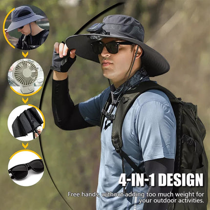 Fishing Sun Hat with 2 Solar Fan Wide Brim Outdoor Breathable Summer Travel Hot    （Dark Gray】2*Fan+Hat）