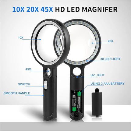 10x 20x 45x Handheld Magnifying Glass Magnifier Reading Illuminated Magnifying