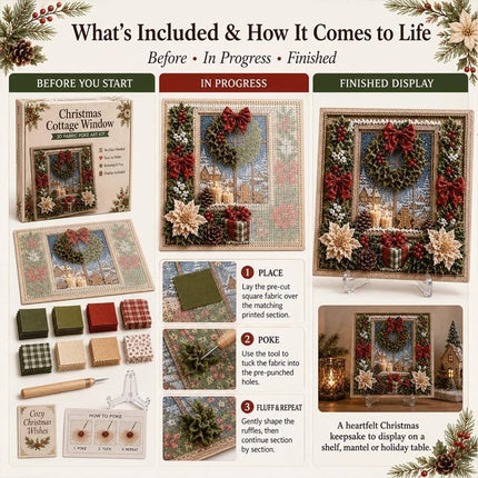3D Christmas Fabric Poke Art Kit, DIY Needle Punch Craft Set with Frame Decor Wreath Set