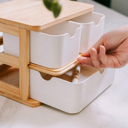 3 Tier Bamboo Storage Drawer Unit, Natural Wooden Desk Organizer Box Rack