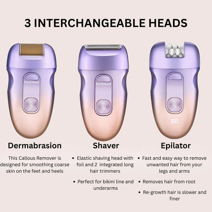 USB LED 3-in-1 Epilator for Women–Facial, Eyebrow &Body Hair Removal+ Exfoliator