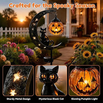Solar Halloween Black Cat & Pumpkin Moon Garden Stake Light Hanging Lantern Lamp