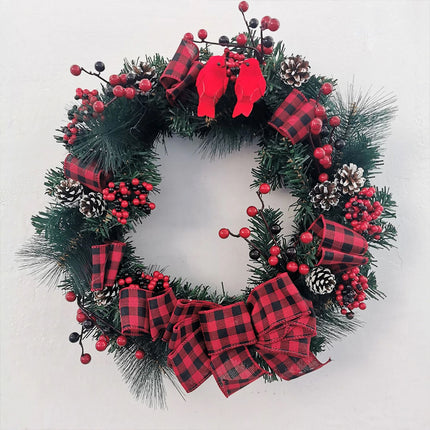 40cm Christmas Wreath Pine Green Garland Red Pinecone Berry Birds Bow Door Décor