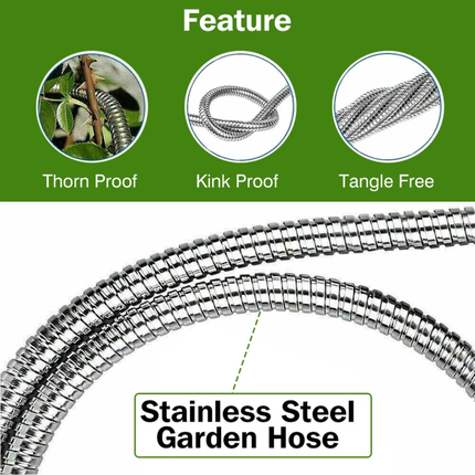 100FT Stainless Steel Water Hose Metal Home Garden Pipe with 2 Nozzle Connector