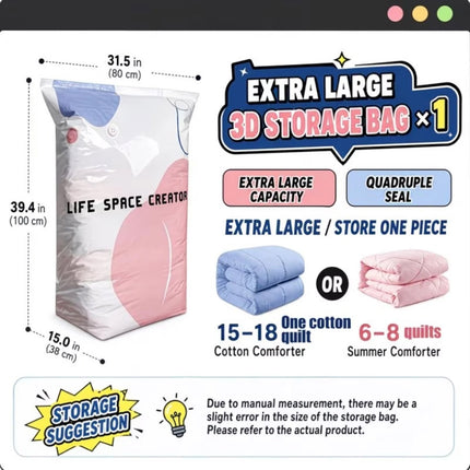 Large No-Pump 3D Vacuum Storage Bags Suitable for Bedding, Clothes, Travel