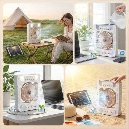 Portable Solar Air Cooler Fan with Humidifier Bluetooth Speaker and Camping Light