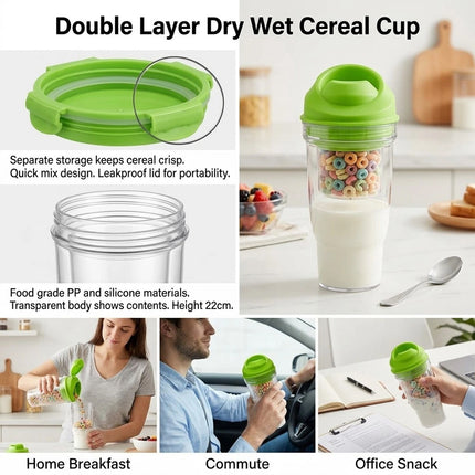 1Pcs Crunch Cup On-the-Go Cereal Tumbler Portable Plastic Cereal Cup Leak-Proof Green