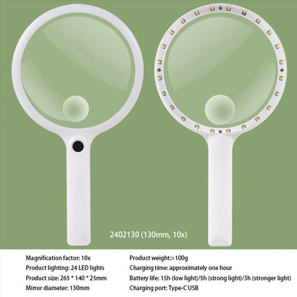 30X  10X Handheld Magnifier Rechargeable 24 LED Light Magnifying Glass