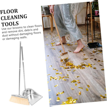 Stainless Steel Broom and Dustpan Set with Long Handle, Upright Heavy Duty