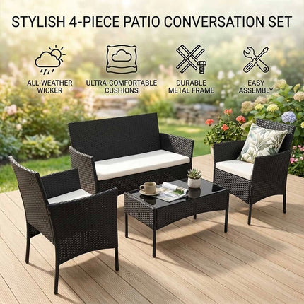 4-Piece Outdoor Patio Wicker Lounge Set Chair with Cushions & Glass Coffee Table