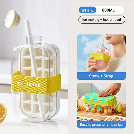 2-in-1 Ice Maker Ice Cube Tray & Water Bottle, Touch-Free Silicone Ice Cube Tray (White-800ML)